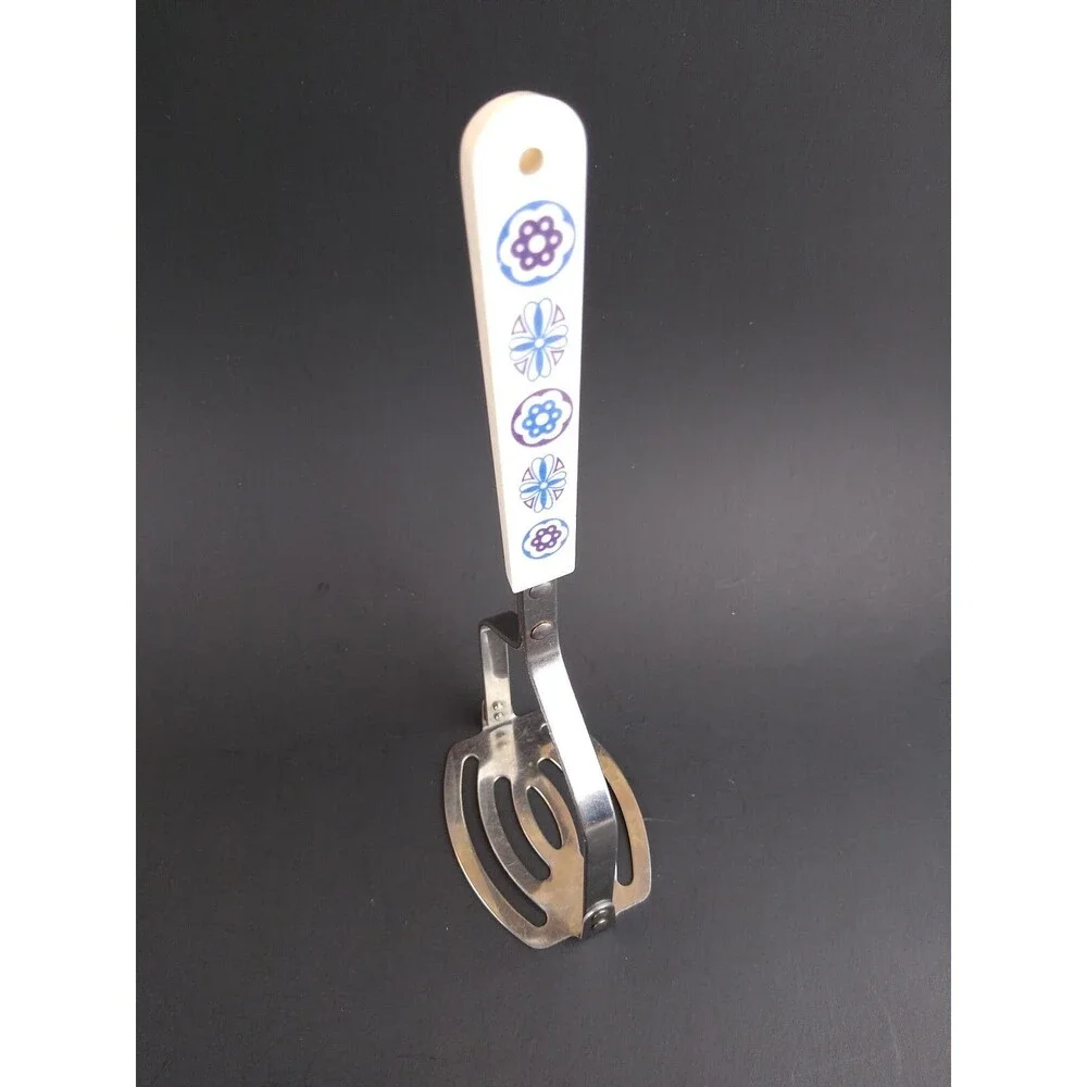 Vintage Stainless Steel Slotted Potato Masher Blue and White Handle Ace